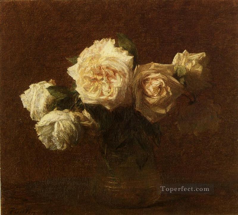 Yellow Pink Roses in a Glass Vase flower painter Henri Fantin Latour Oil Paintings
